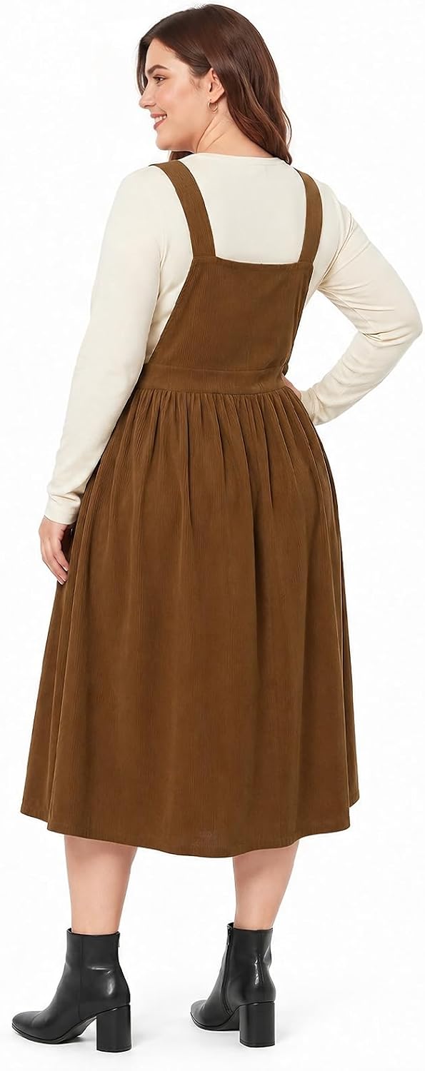 Moon Wood Women Plus Size Corduroy Overall Dress Jumper Pinafore Fall Dress - Brown