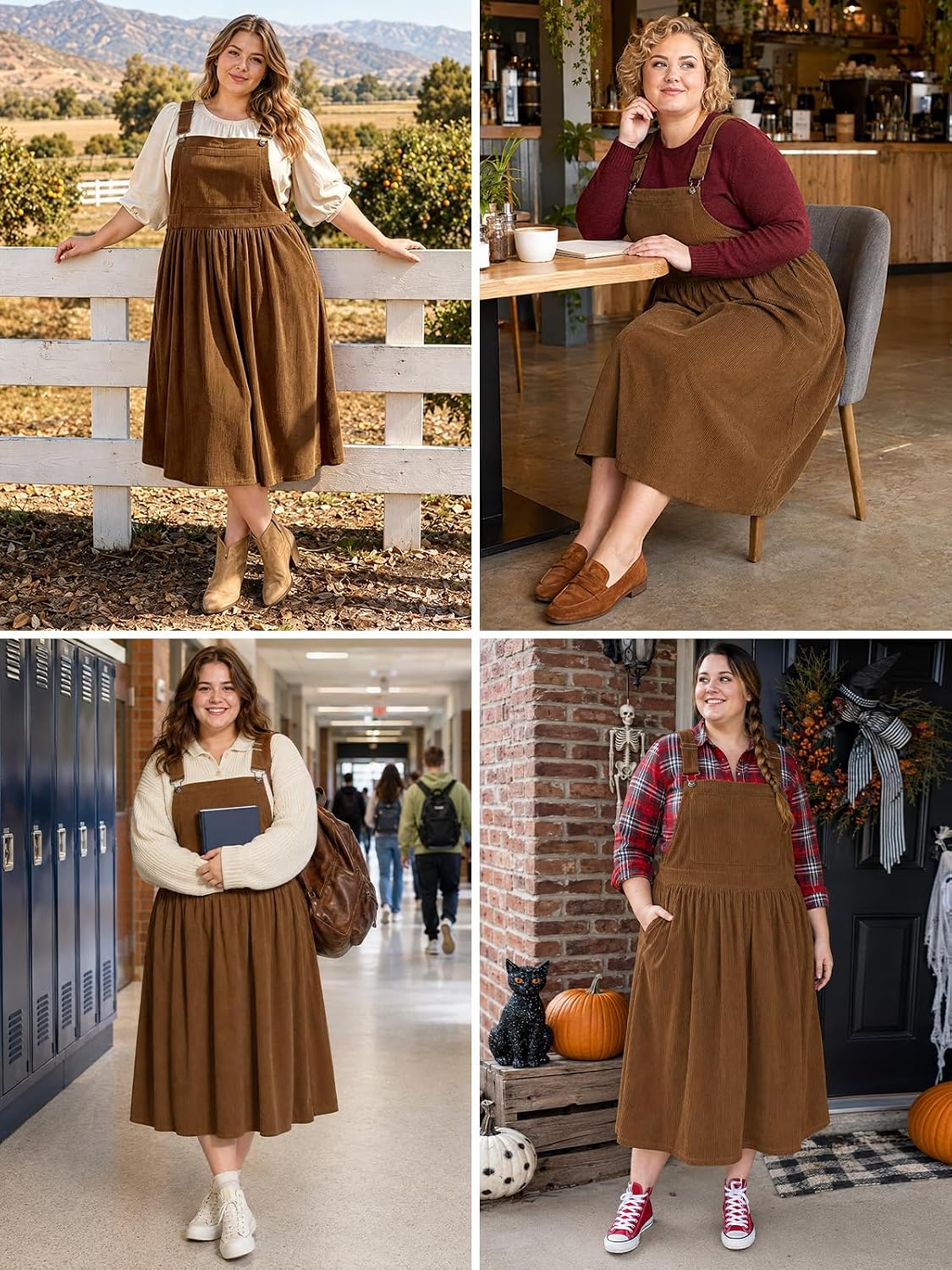 Moon Wood Women Plus Size Corduroy Overall Dress Jumper Pinafore Fall Dress - Brown