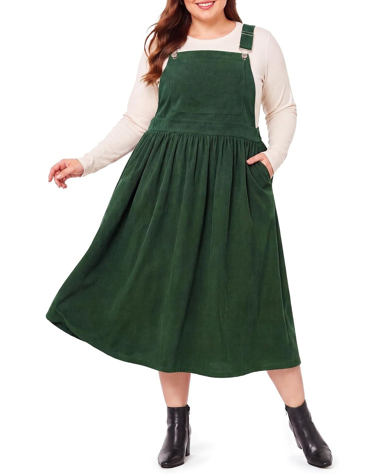 Moon Wood Women Plus Size Corduroy Overall Dress Jumper Pinafore Fall Dress - Dark Green