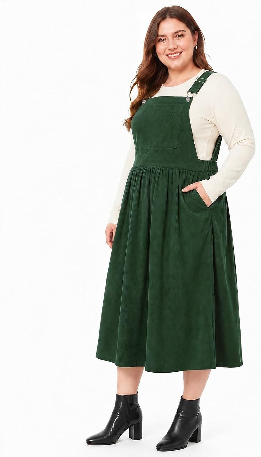Moon Wood Women Plus Size Corduroy Overall Dress Jumper Pinafore Fall Dress - Dark Green