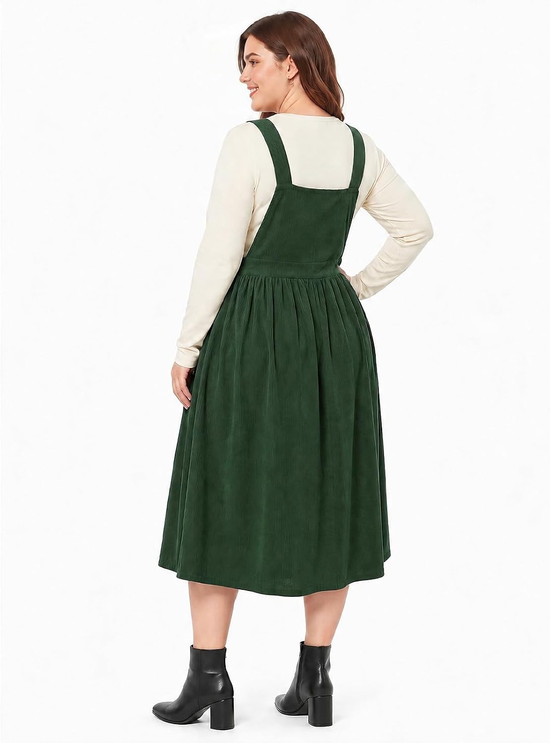 Moon Wood Women Plus Size Corduroy Overall Dress Jumper Pinafore Fall Dress - Dark Green