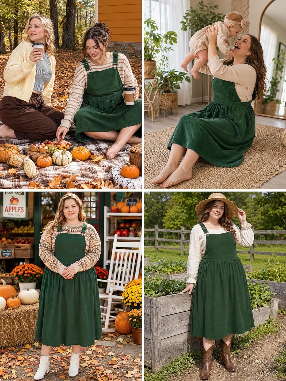 Moon Wood Women Plus Size Corduroy Overall Dress Jumper Pinafore Fall Dress - Dark Green