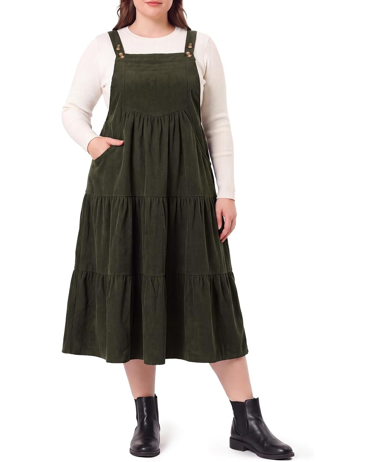 Moon Wood Women Plus Size Corduroy Pinafore Overall Dress Fall Jumper Dress - Army Green