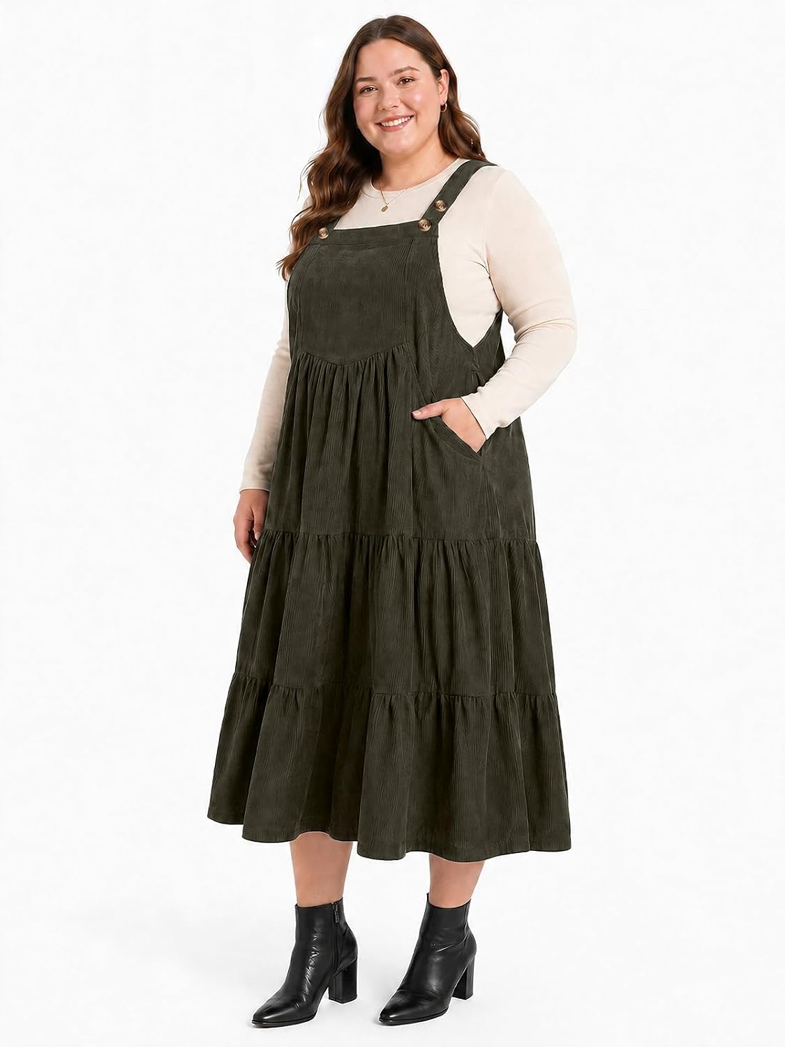 Moon Wood Women Plus Size Corduroy Pinafore Overall Dress Fall Jumper Dress - Army Green