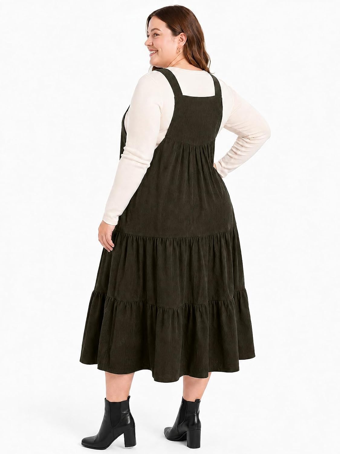 Moon Wood Women Plus Size Corduroy Pinafore Overall Dress Fall Jumper Dress - Army Green