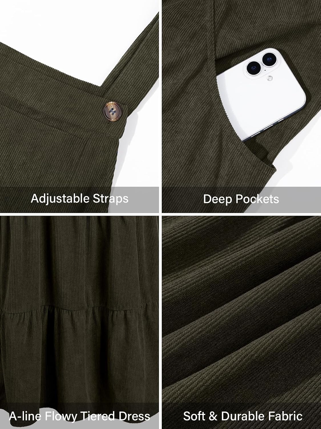 Moon Wood Women Plus Size Corduroy Pinafore Overall Dress Fall Jumper Dress - Army Green