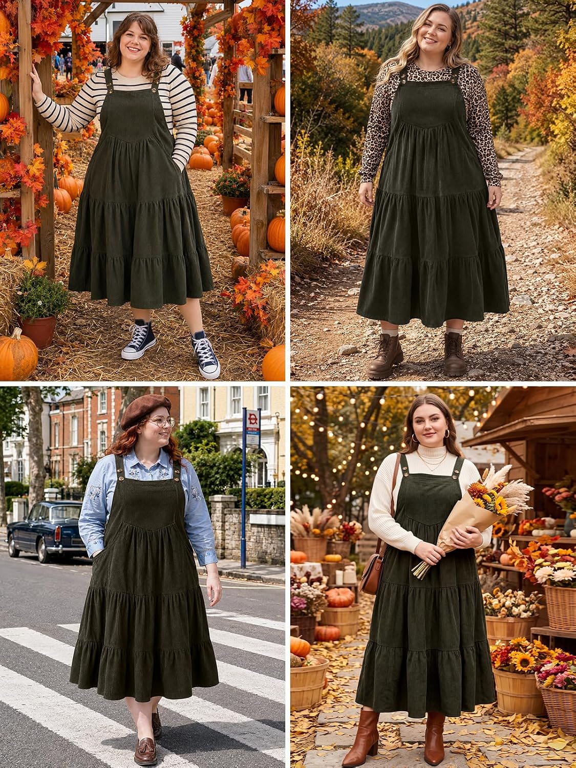 Moon Wood Women Plus Size Corduroy Pinafore Overall Dress Fall Jumper Dress - Army Green