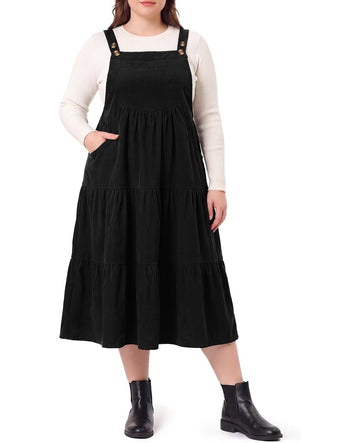 Moon Wood Women Plus Size Corduroy Pinafore Overall Dress Fall Jumper Dress - Black