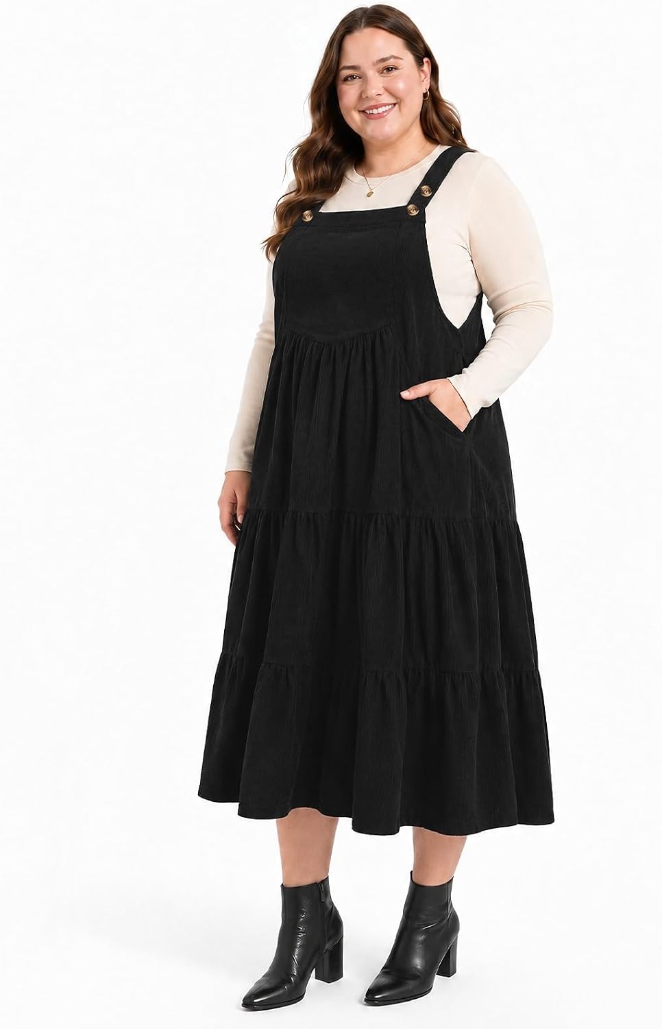 Moon Wood Women Plus Size Corduroy Pinafore Overall Dress Fall Jumper Dress - Black