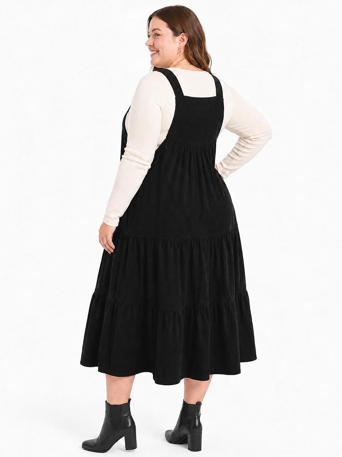 Moon Wood Women Plus Size Corduroy Pinafore Overall Dress Fall Jumper Dress - Black