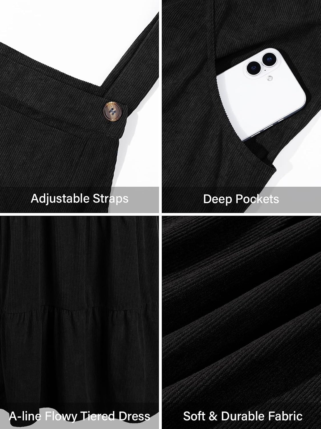 Moon Wood Women Plus Size Corduroy Pinafore Overall Dress Fall Jumper Dress - Black