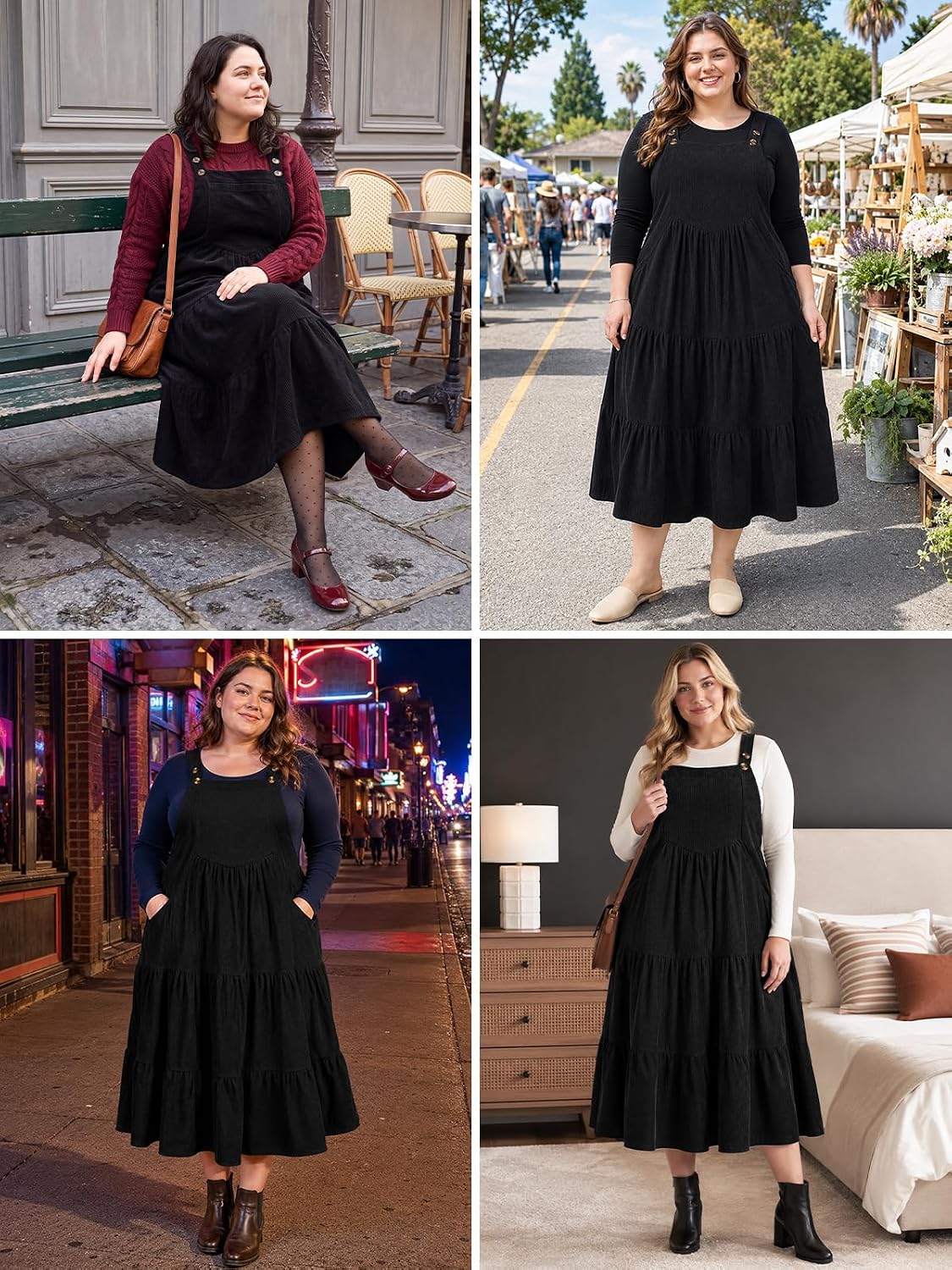 Moon Wood Women Plus Size Corduroy Pinafore Overall Dress Fall Jumper Dress - Black