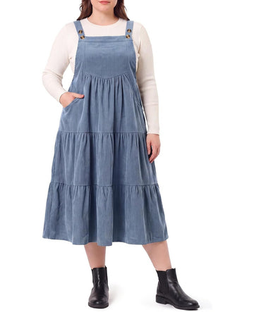 Moon Wood Women Plus Size Corduroy Pinafore Overall Dress Fall Jumper Dress - Blue