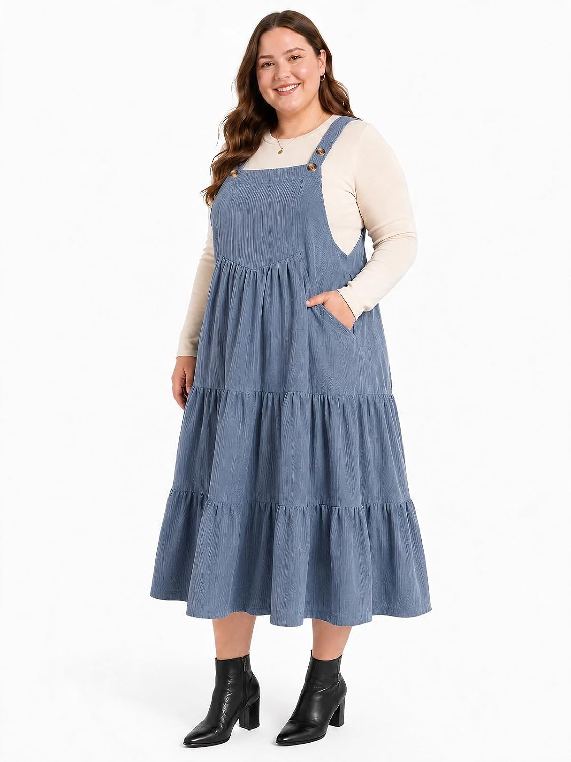 Moon Wood Women Plus Size Corduroy Pinafore Overall Dress Fall Jumper Dress - Blue