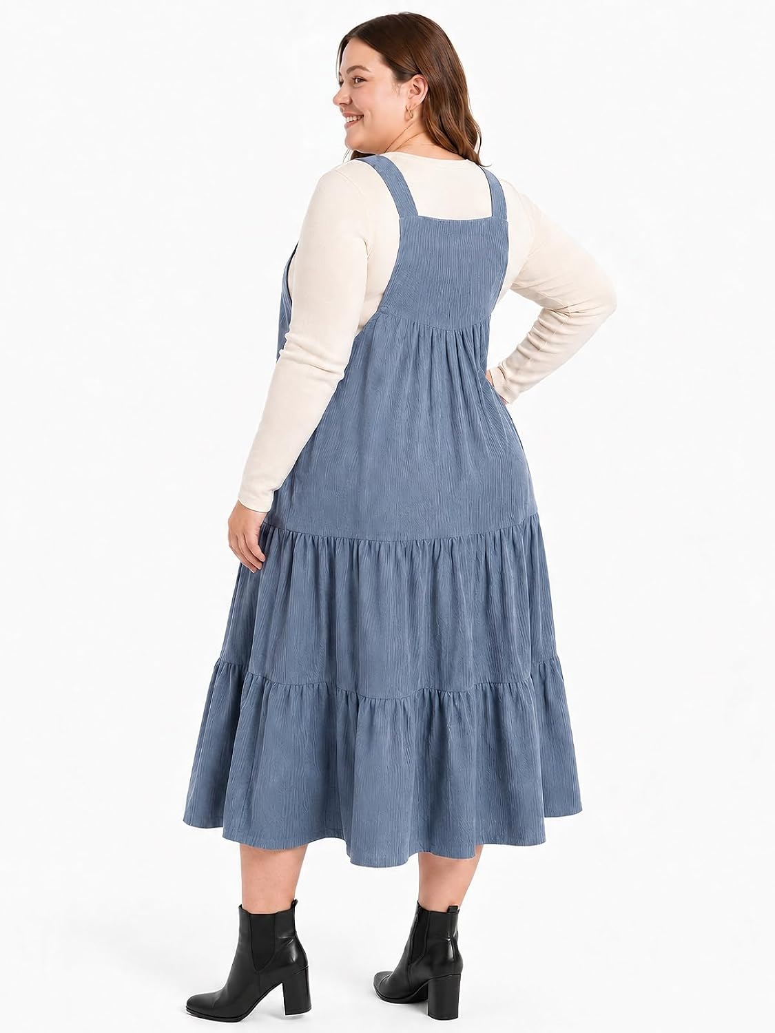 Moon Wood Women Plus Size Corduroy Pinafore Overall Dress Fall Jumper Dress - Blue