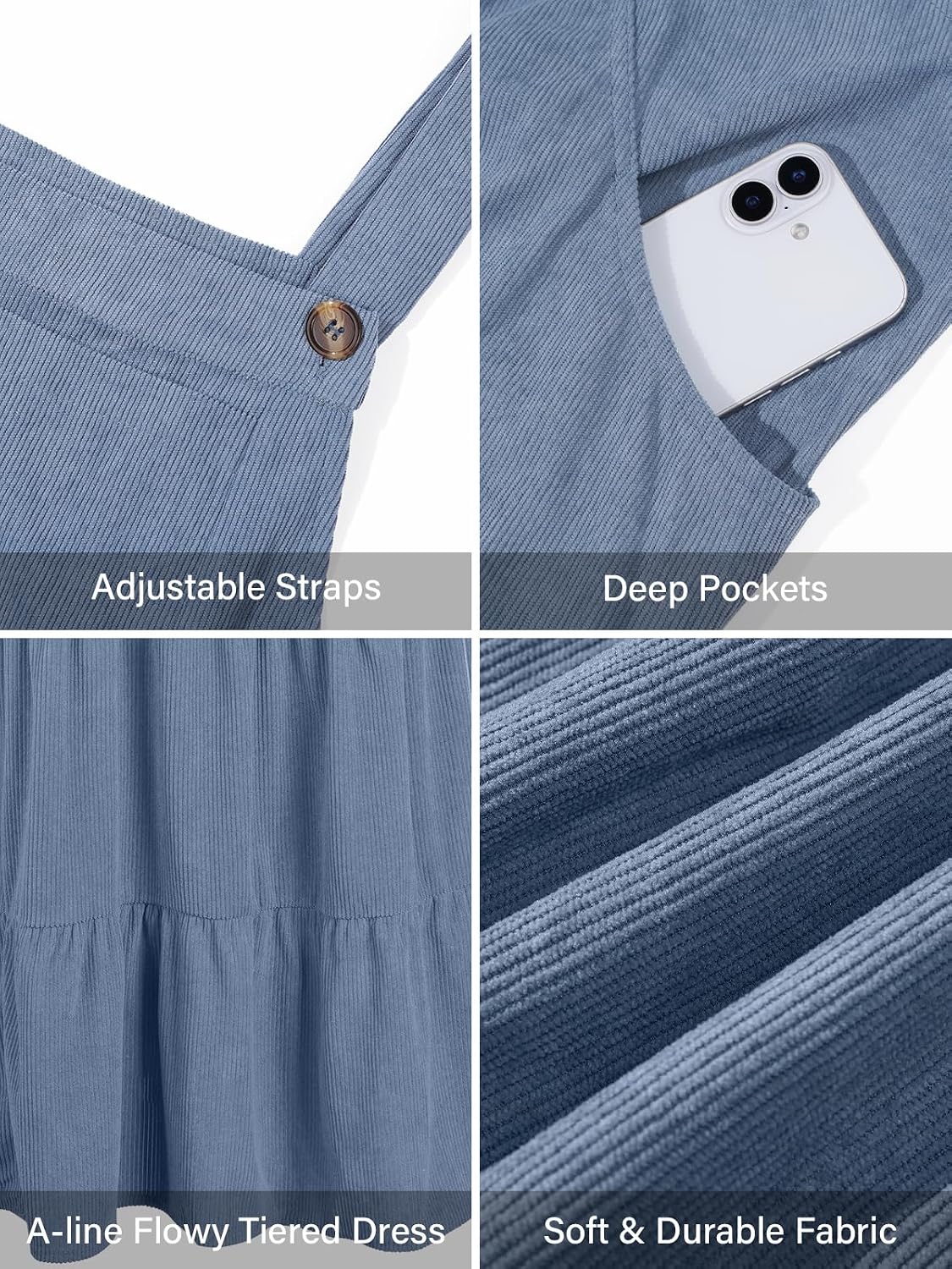 Moon Wood Women Plus Size Corduroy Pinafore Overall Dress Fall Jumper Dress - Blue