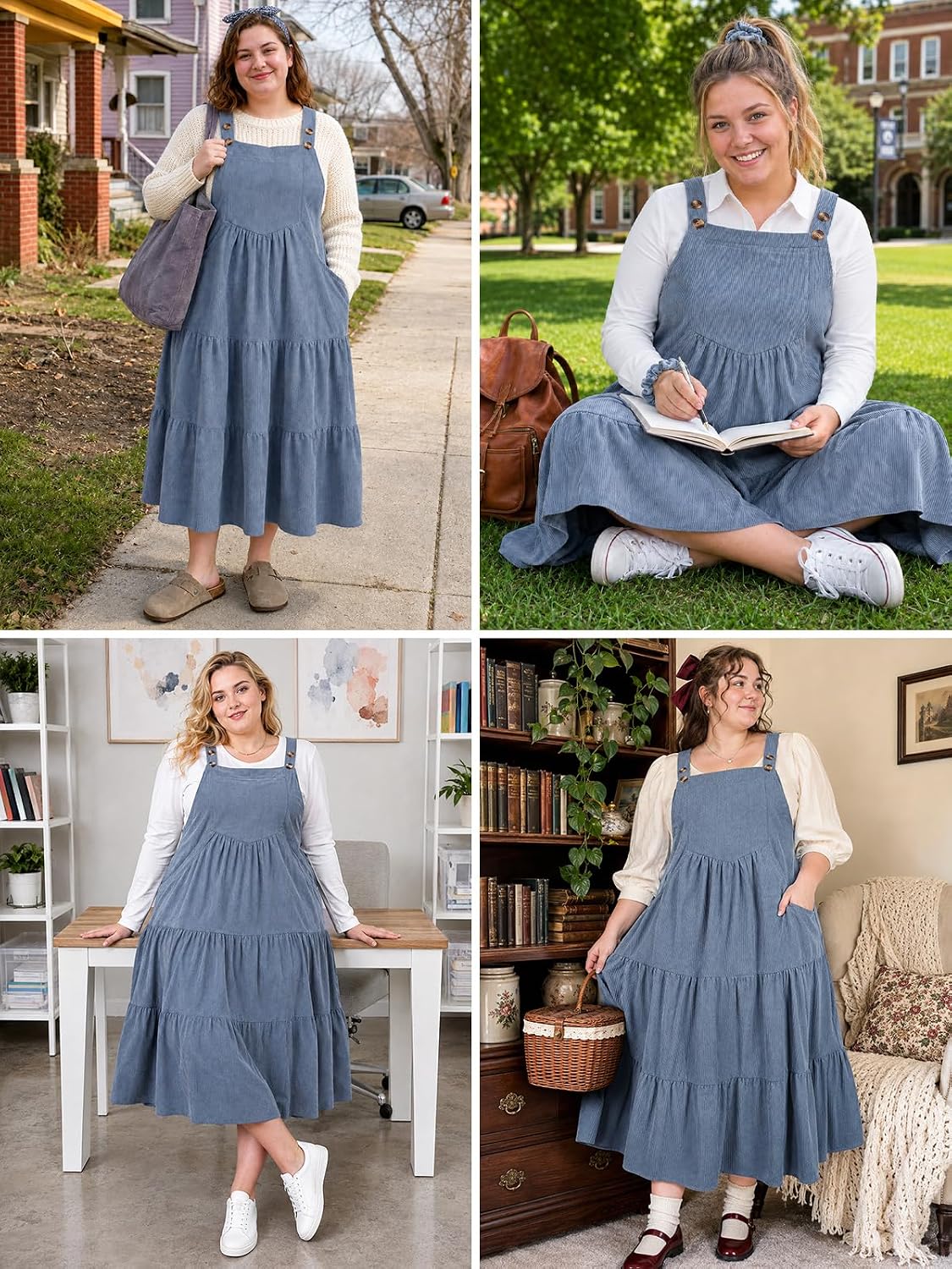 Moon Wood Women Plus Size Corduroy Pinafore Overall Dress Fall Jumper Dress - Blue