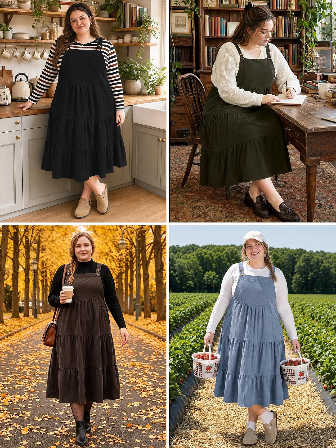 Moon Wood Women Plus Size Corduroy Pinafore Overall Dress Fall Jumper Dress - Blue