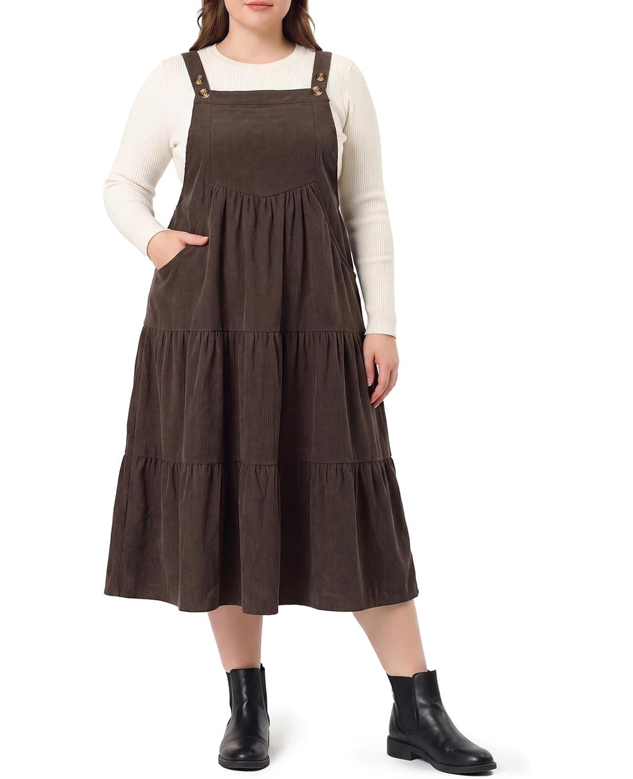 Moon Wood Women Plus Size Corduroy Pinafore Overall Dress Fall Jumper Dress - Coffee