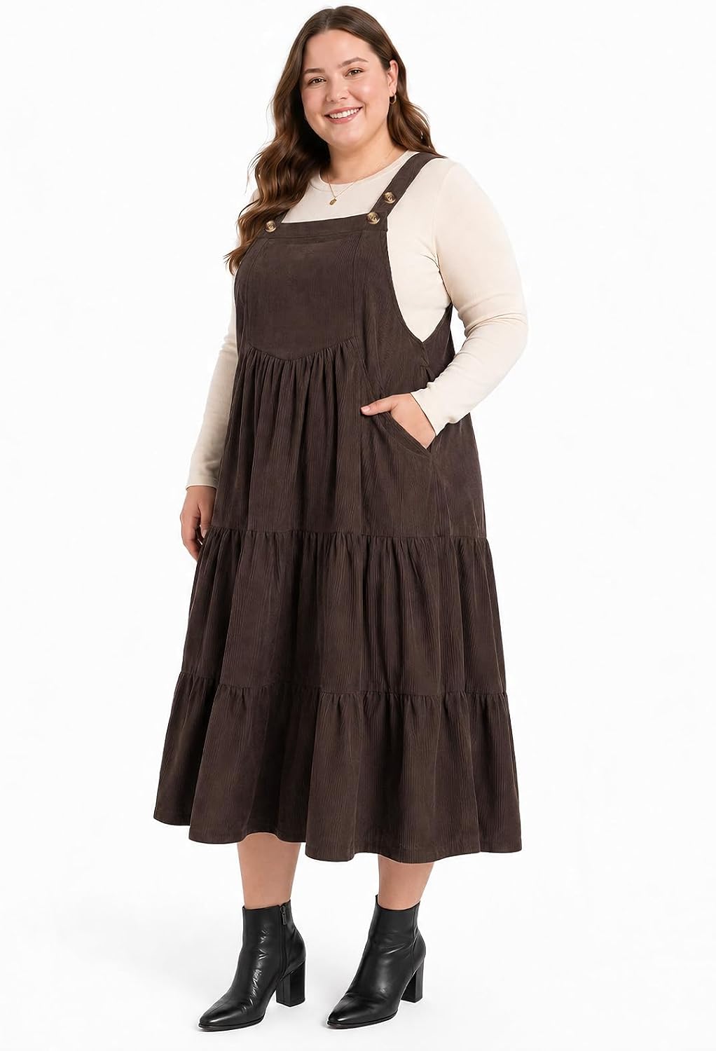 Moon Wood Women Plus Size Corduroy Pinafore Overall Dress Fall Jumper Dress - Coffee