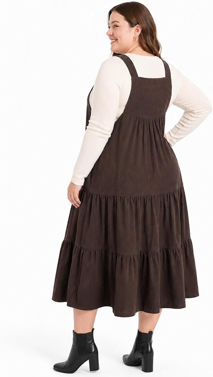 Moon Wood Women Plus Size Corduroy Pinafore Overall Dress Fall Jumper Dress - Coffee