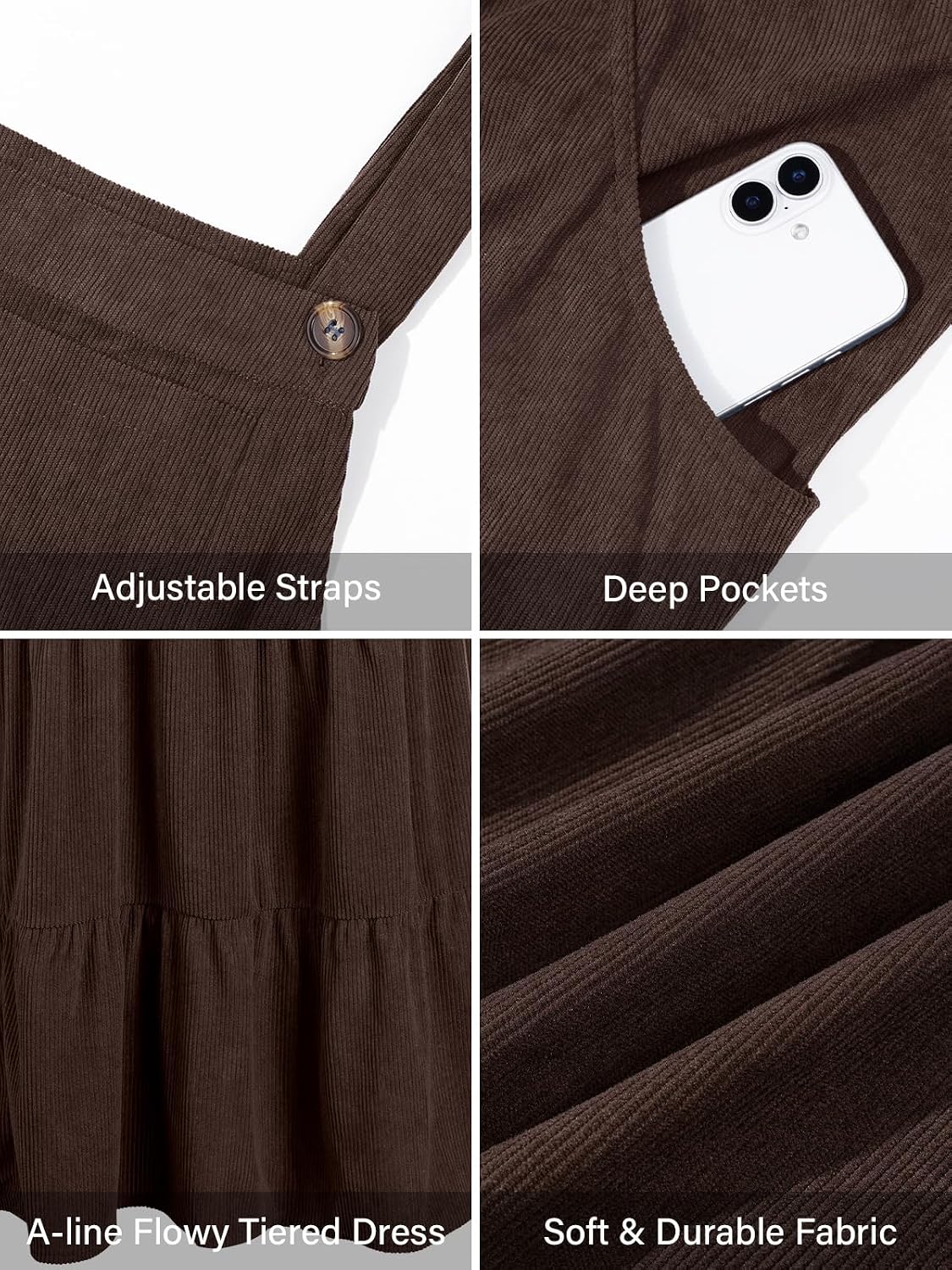 Moon Wood Women Plus Size Corduroy Pinafore Overall Dress Fall Jumper Dress - Coffee