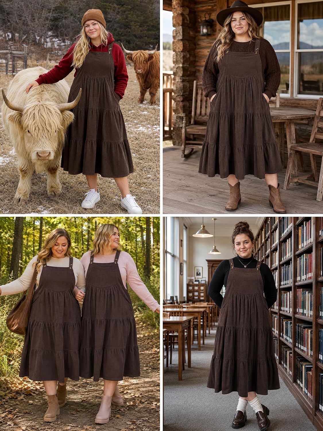 Moon Wood Women Plus Size Corduroy Pinafore Overall Dress Fall Jumper Dress - Coffee
