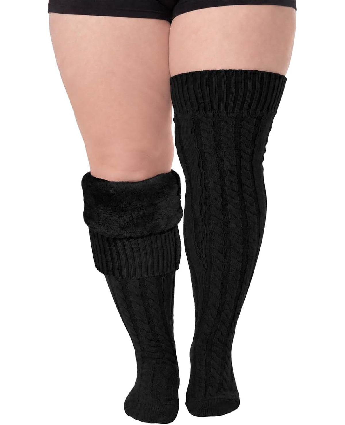Moon Wood Women Plus Size Fleece Lined Thigh High Socks Cable Knit Thick Leg Warmers - Black