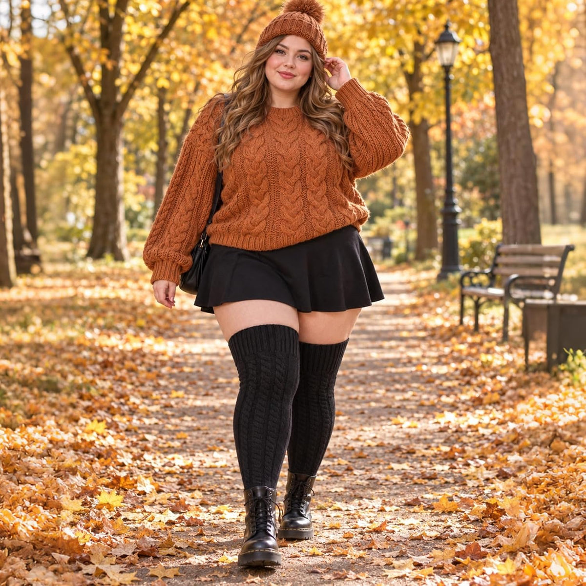 Moon Wood Women Plus Size Fleece Lined Thigh High Socks Cable Knit Thick Leg Warmers - Black