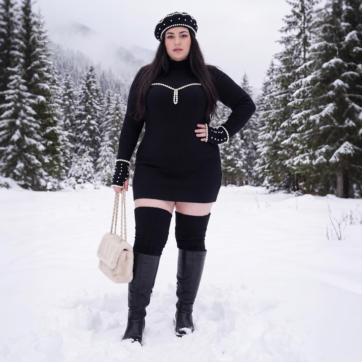 Moon Wood Women Plus Size Fleece Lined Thigh High Socks Cable Knit Thick Leg Warmers - Black