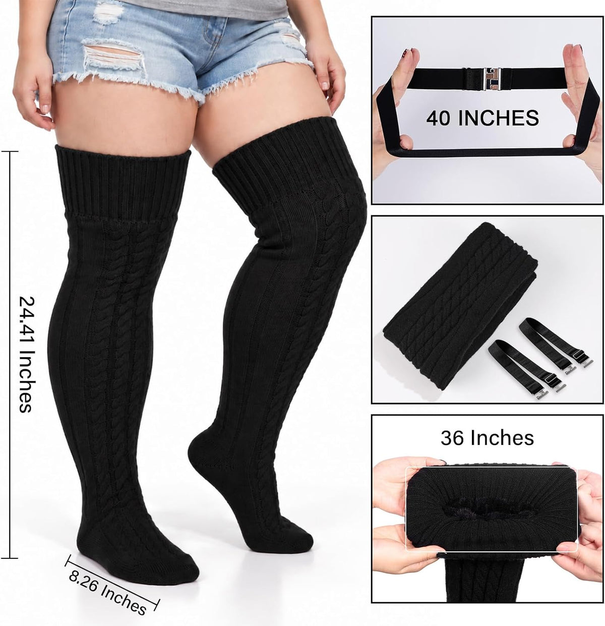 Moon Wood Women Plus Size Fleece Lined Thigh High Socks Cable Knit Thick Leg Warmers - Black
