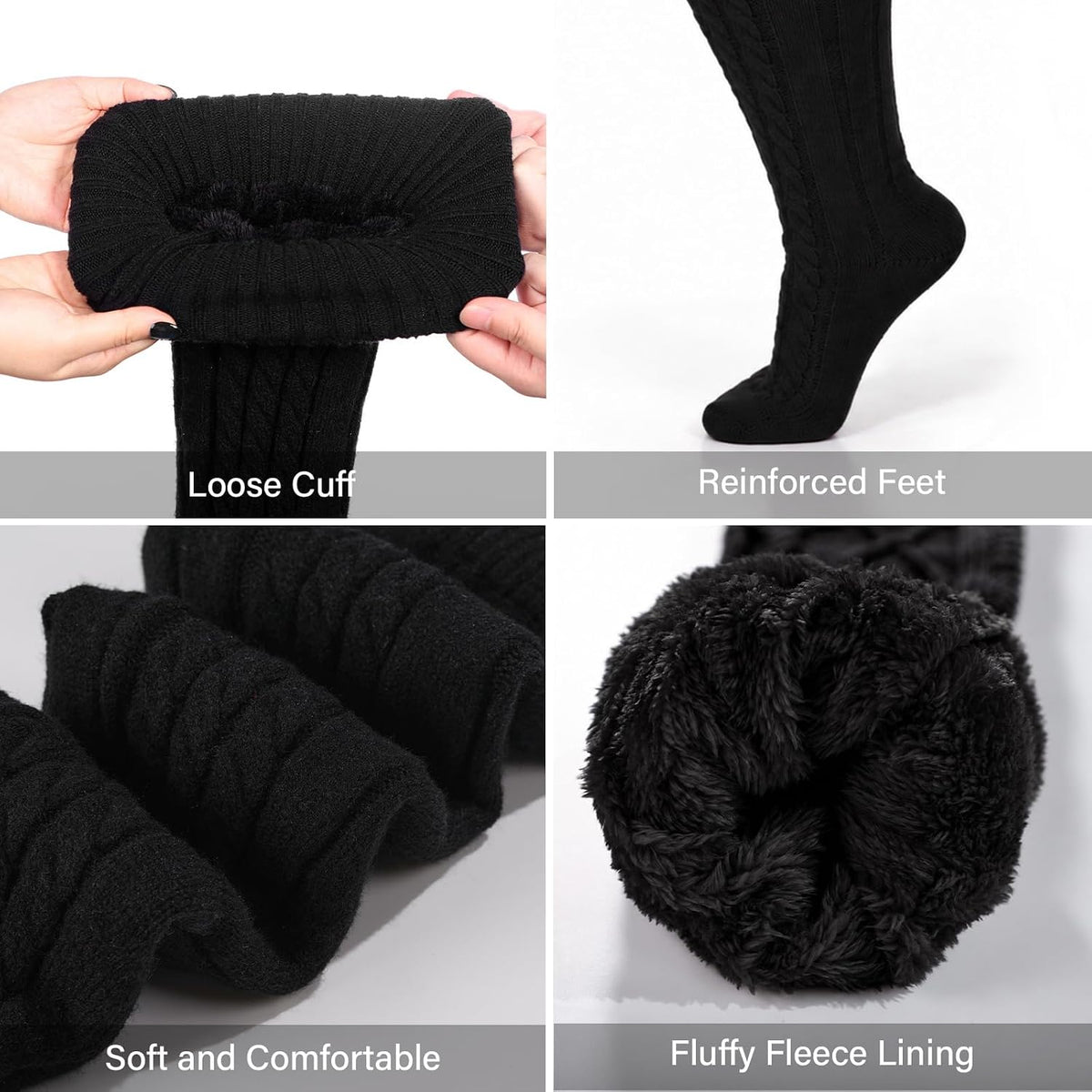 Moon Wood Women Plus Size Fleece Lined Thigh High Socks Cable Knit Thick Leg Warmers - Black