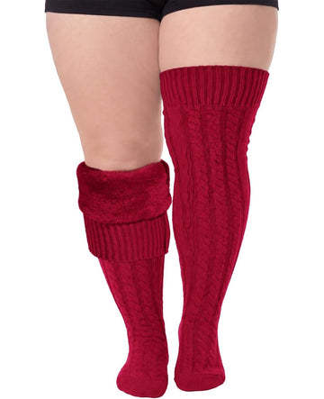 Moon Wood Women Plus Size Fleece Lined Thigh High Socks Cable Knit Thick Leg Warmers - Burgundy