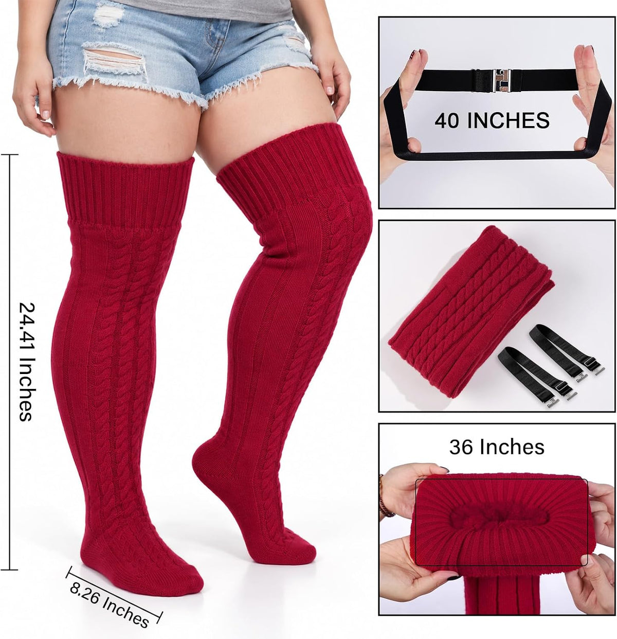Moon Wood Women Plus Size Fleece Lined Thigh High Socks Cable Knit Thick Leg Warmers - Burgundy