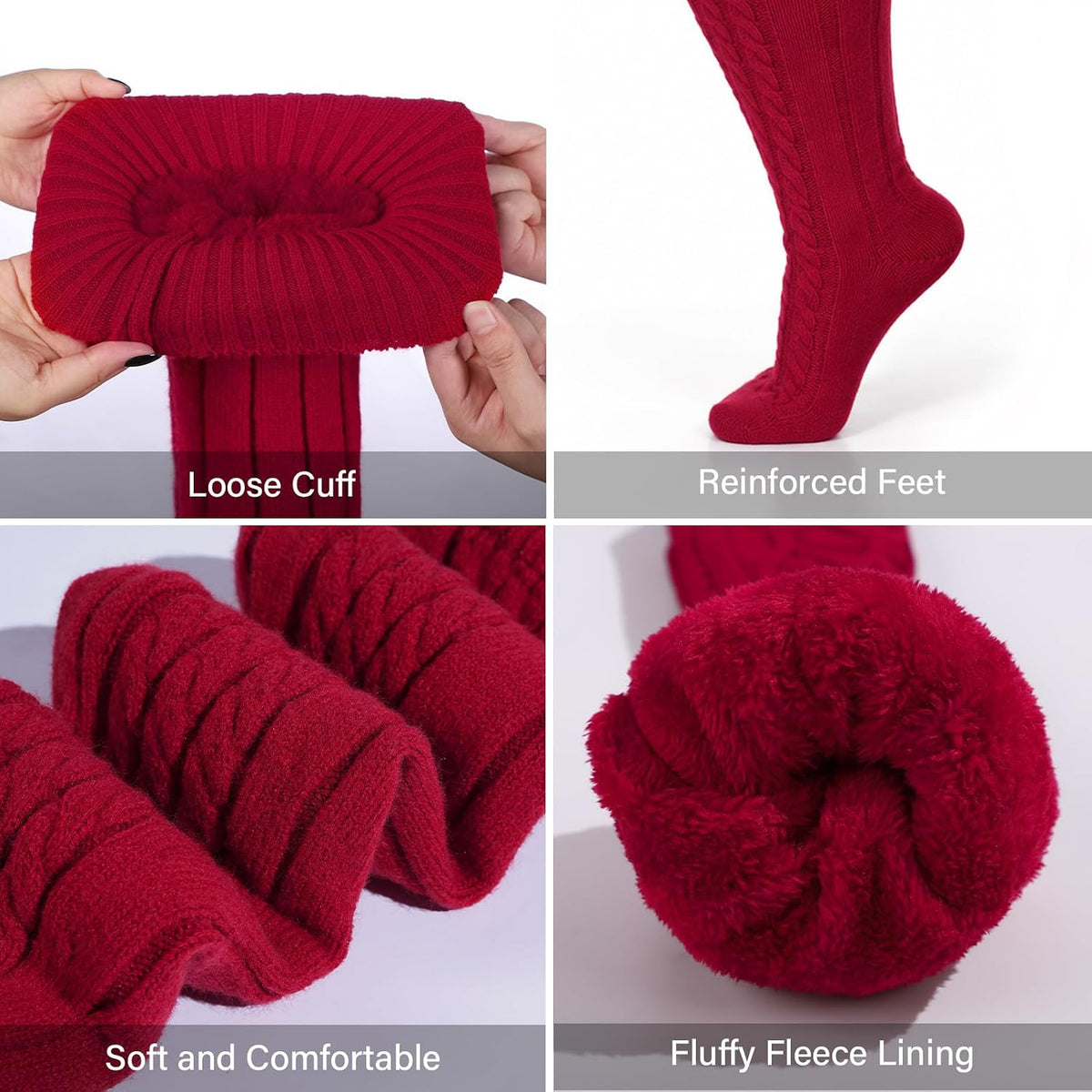Moon Wood Women Plus Size Fleece Lined Thigh High Socks Cable Knit Thick Leg Warmers - Burgundy