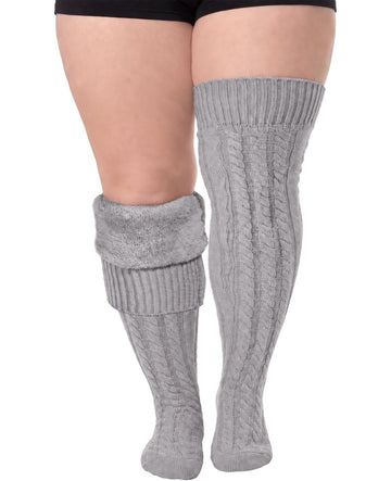 Moon Wood Women Plus Size Fleece Lined Thigh High Socks Cable Knit Thick Leg Warmers - Grey