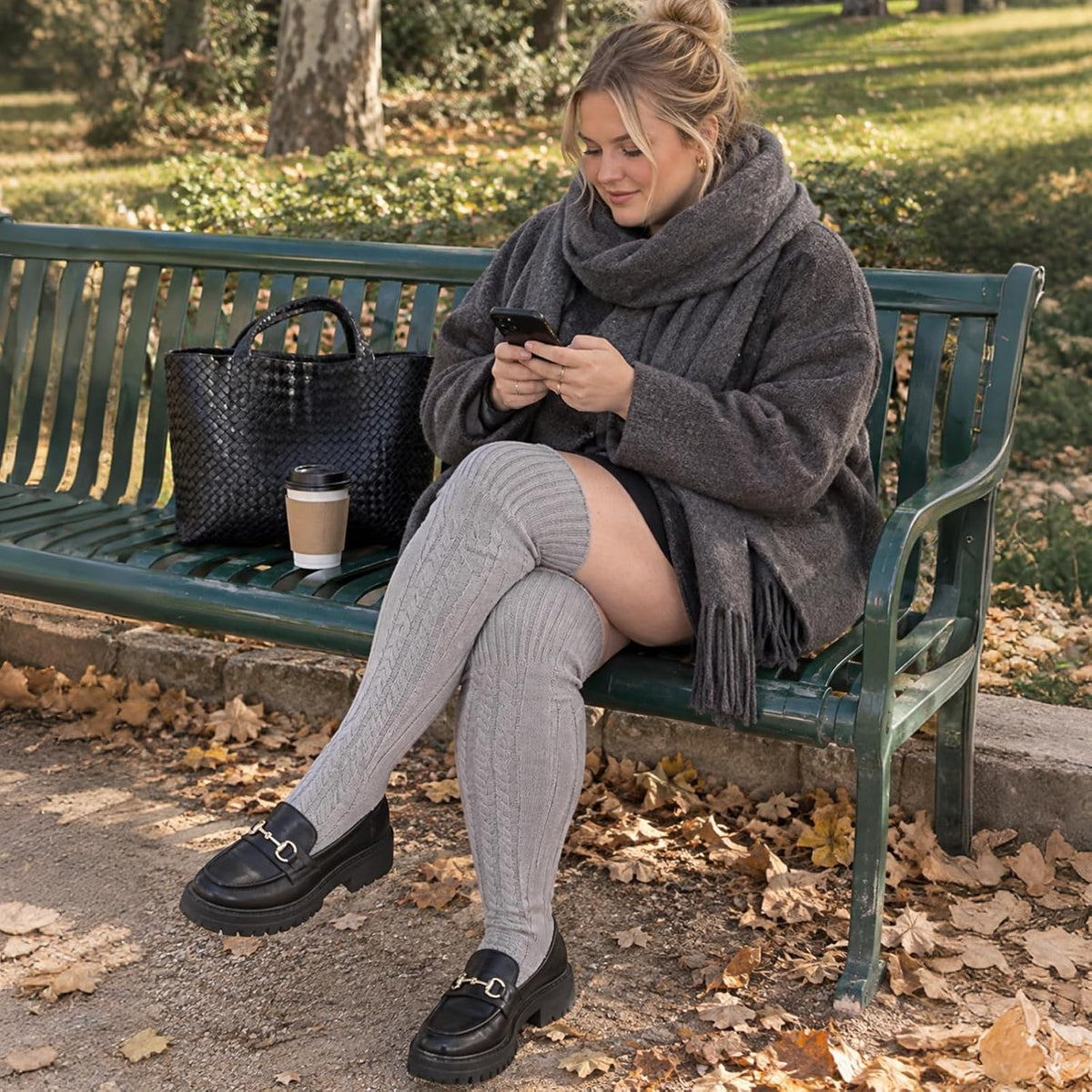 Moon Wood Women Plus Size Fleece Lined Thigh High Socks Cable Knit Thick Leg Warmers - Grey