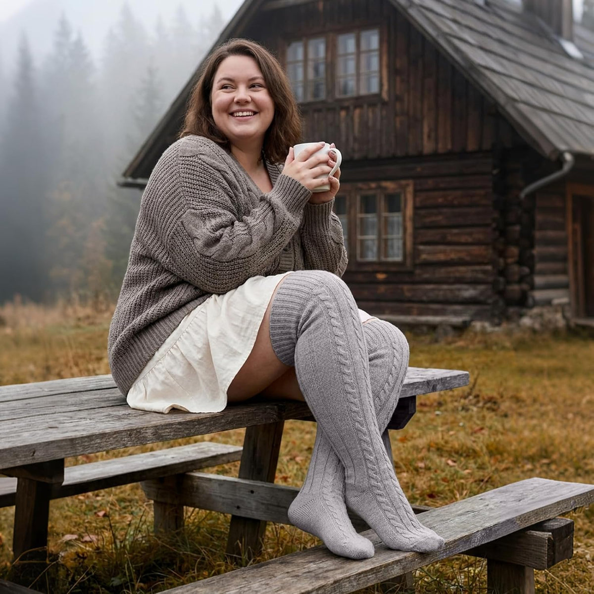 Moon Wood Women Plus Size Fleece Lined Thigh High Socks Cable Knit Thick Leg Warmers - Grey