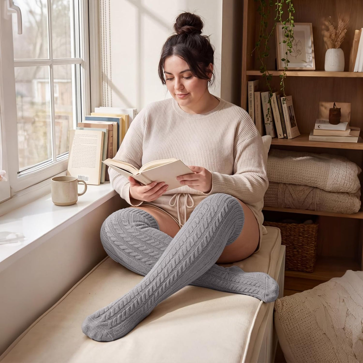 Moon Wood Women Plus Size Fleece Lined Thigh High Socks Cable Knit Thick Leg Warmers - Grey