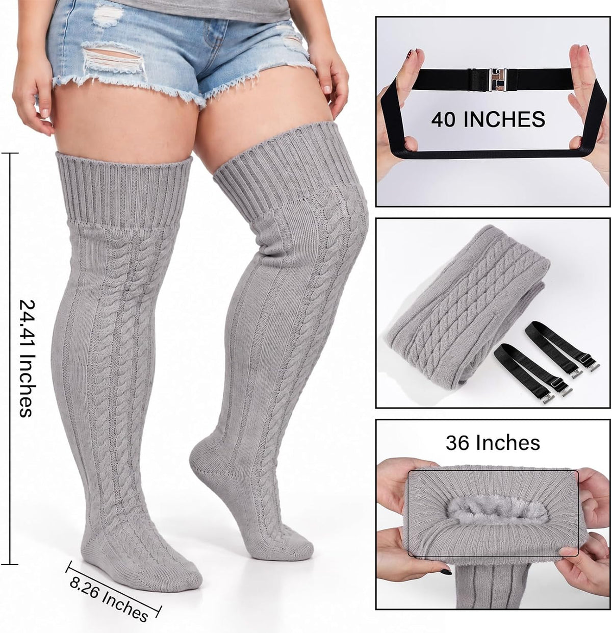 Moon Wood Women Plus Size Fleece Lined Thigh High Socks Cable Knit Thick Leg Warmers - Grey