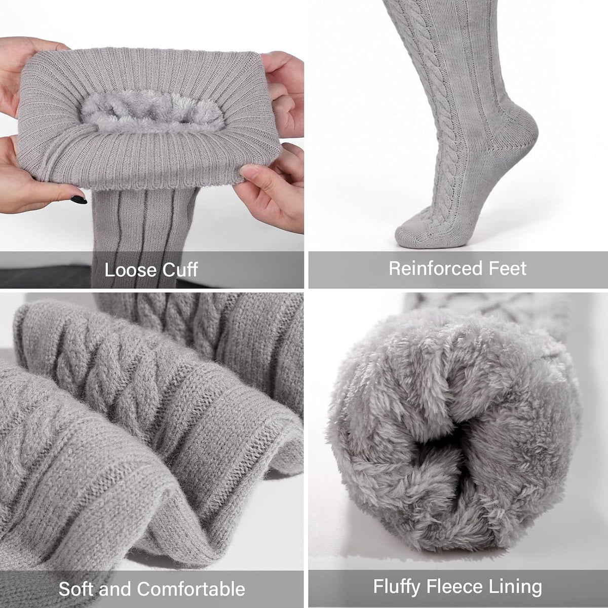 Moon Wood Women Plus Size Fleece Lined Thigh High Socks Cable Knit Thick Leg Warmers - Grey