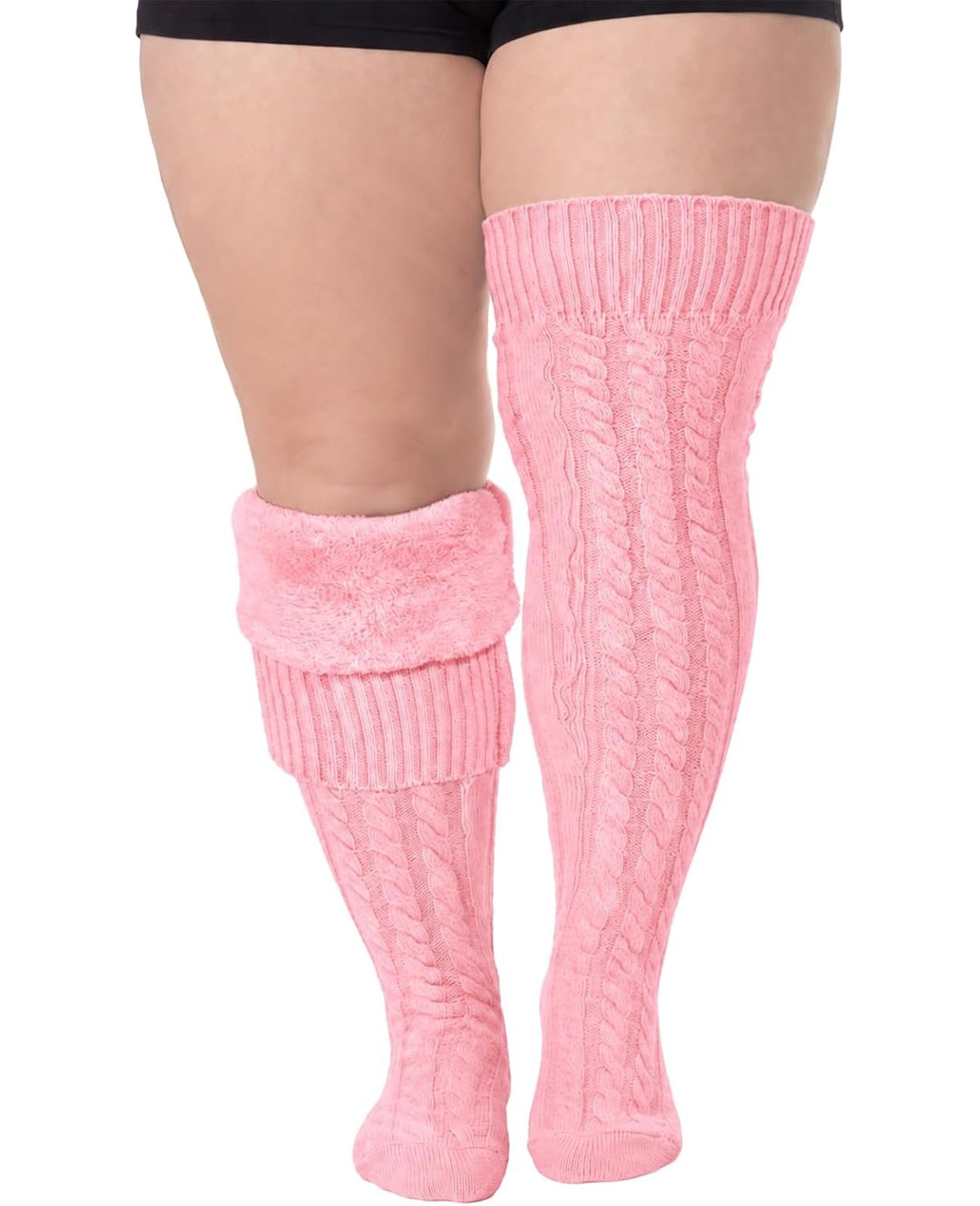 Moon Wood Women Plus Size Fleece Lined Thigh High Socks Cable Knit Thick Leg Warmers - Light Pink