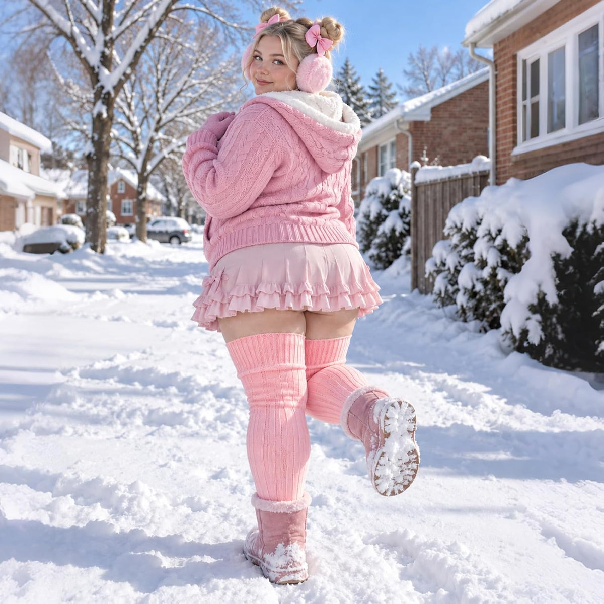 Moon Wood Women Plus Size Fleece Lined Thigh High Socks Cable Knit Thick Leg Warmers - Light Pink