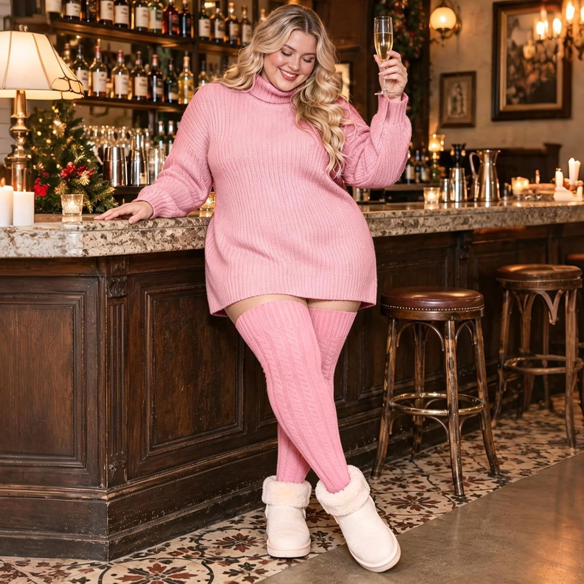 Moon Wood Women Plus Size Fleece Lined Thigh High Socks Cable Knit Thick Leg Warmers - Light Pink
