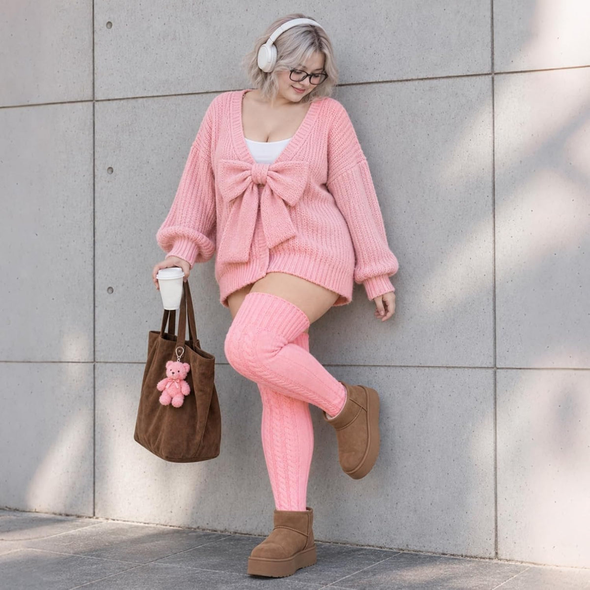 Moon Wood Women Plus Size Fleece Lined Thigh High Socks Cable Knit Thick Leg Warmers - Light Pink