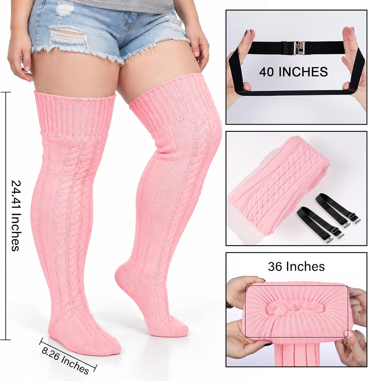 Moon Wood Women Plus Size Fleece Lined Thigh High Socks Cable Knit Thick Leg Warmers - Light Pink