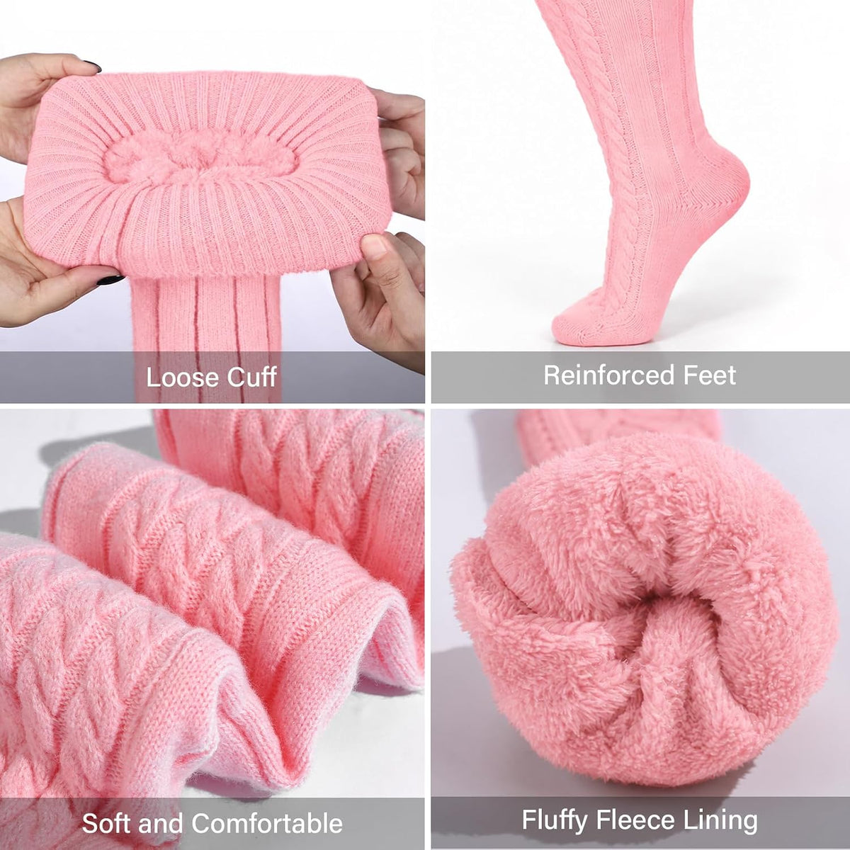 Moon Wood Women Plus Size Fleece Lined Thigh High Socks Cable Knit Thick Leg Warmers - Light Pink