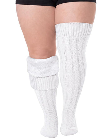 Moon Wood Women Plus Size Fleece Lined Thigh High Socks Cable Knit Thick Leg Warmers - White