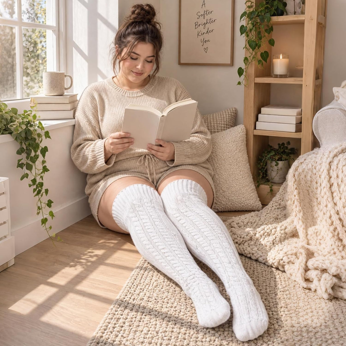 Moon Wood Women Plus Size Fleece Lined Thigh High Socks Cable Knit Thick Leg Warmers - White