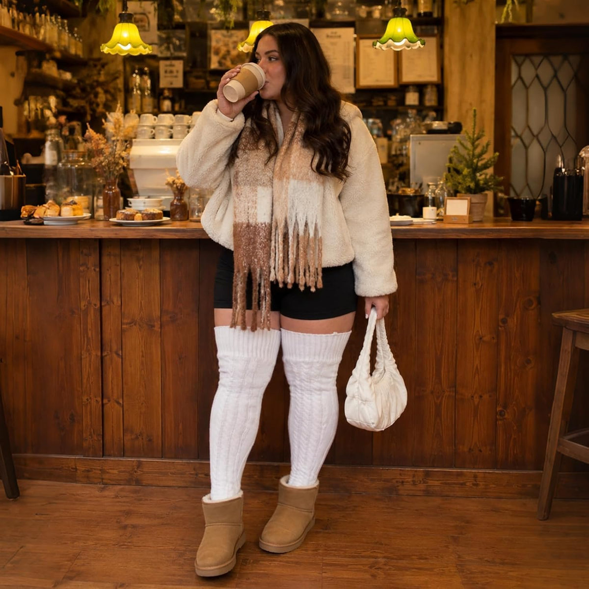 Moon Wood Women Plus Size Fleece Lined Thigh High Socks Cable Knit Thick Leg Warmers - White